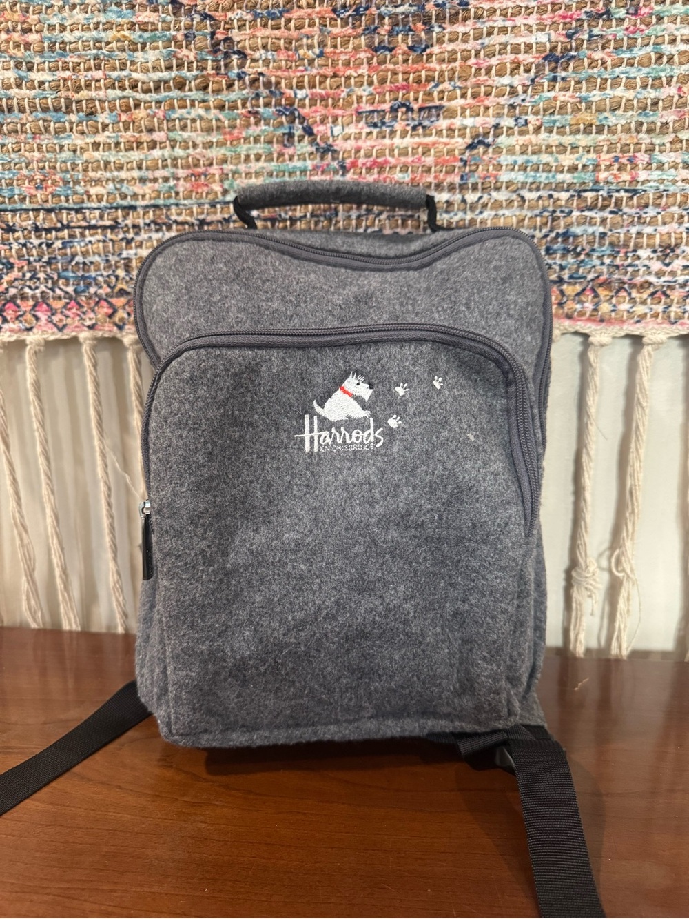 Harrods Charcoal Gray Felt Backpack with Scotty Dog Logo